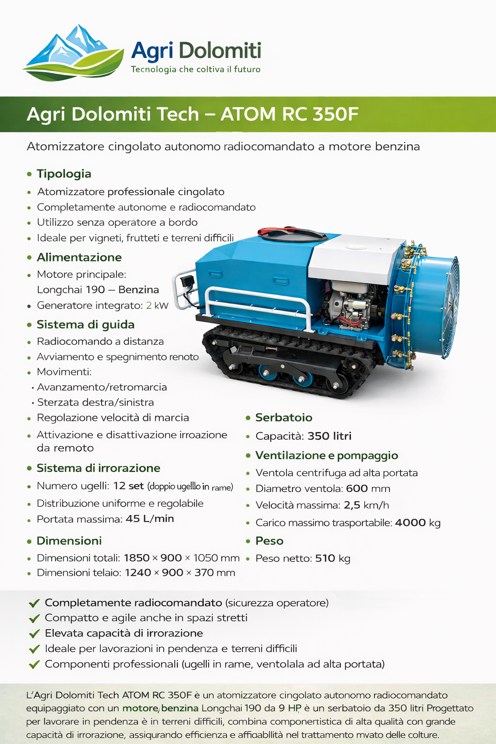 Atomizzatore cingolato autonomo radiocomandato a motore diesel Agri Dolomiti Tech – ATOM RC