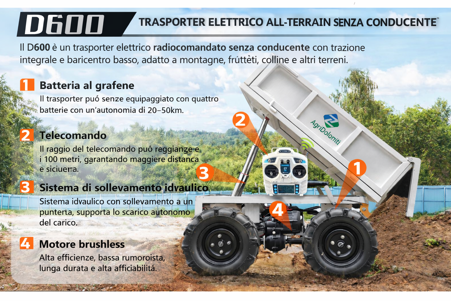 Rimorchio Transporter Elettrico 4x4 Radiocomandato All-Terrain Agridolomiti 600