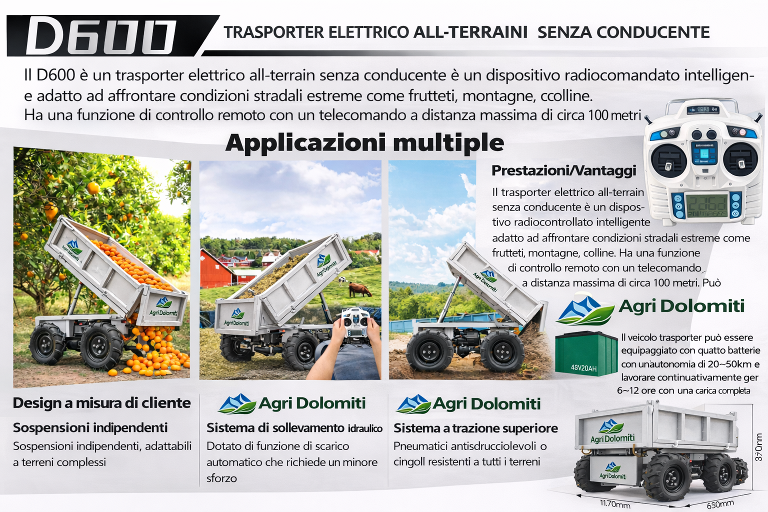 Rimorchio Transporter Elettrico 4x4 Radiocomandato All-Terrain Agridolomiti 600