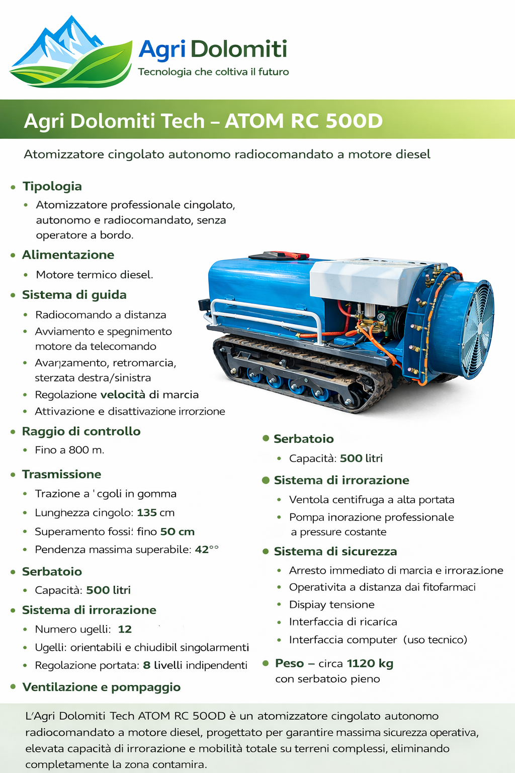 Atomizzatore cingolato autonomo radiocomandato a motore diesel Agri Dolomiti Tech – ATOM RC