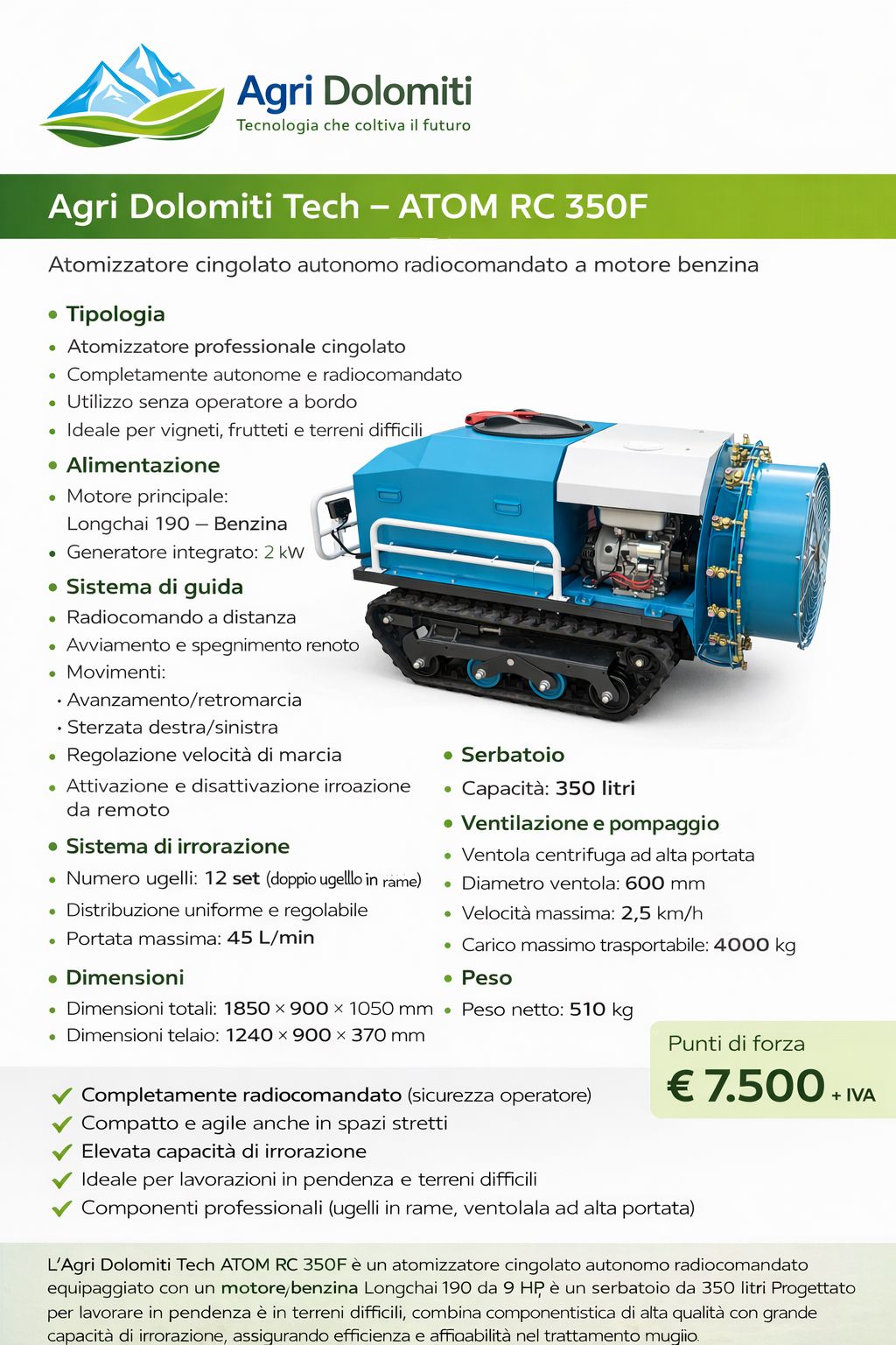 Atomizzatore cingolato autonomo radiocomandato a motore diesel Agri Dolomiti Tech – ATOM RC